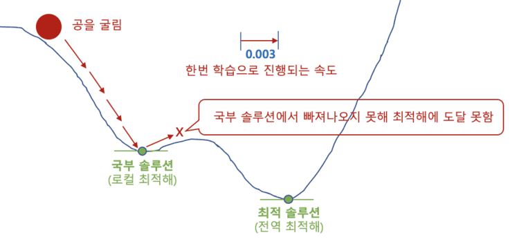 너무 작은 학습률 문제 : 학습이 느리고 국부적인 해결책